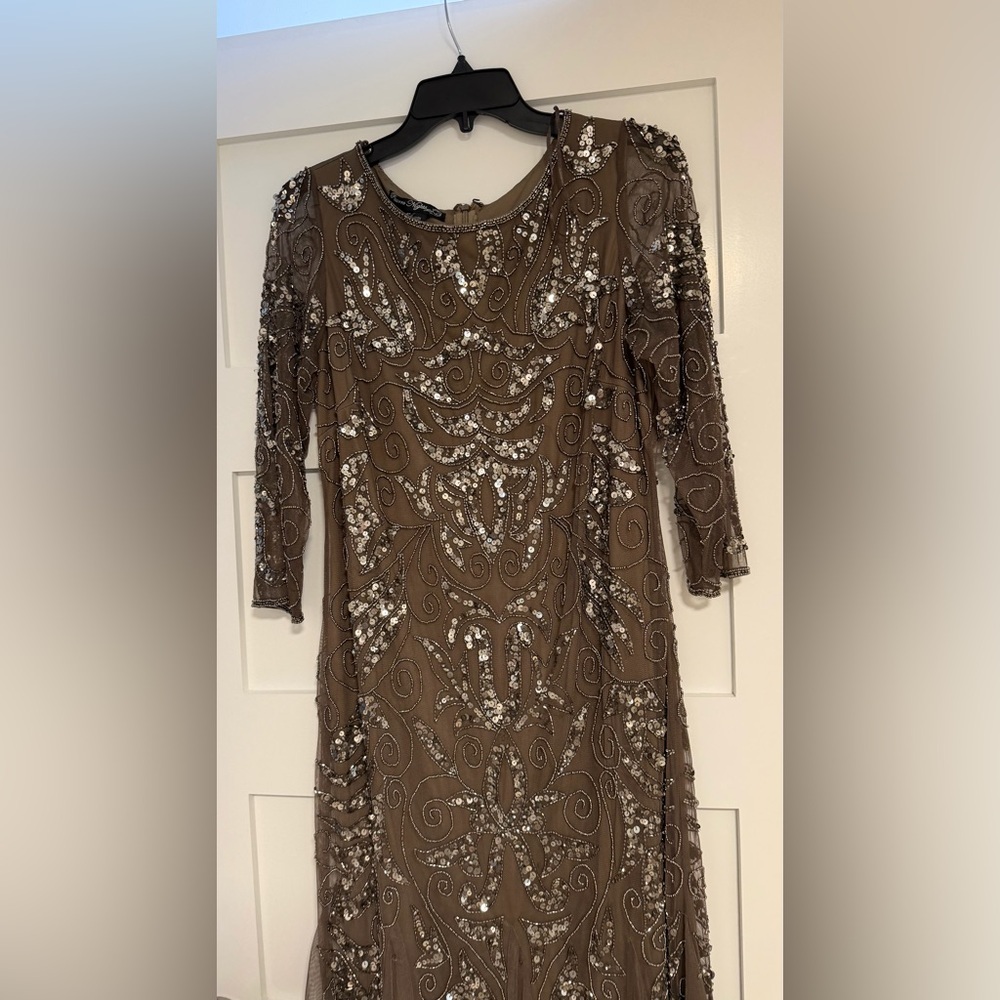Pisarro Nights Taupe Beaded Long-Sleeve Evening Gown - Picture 6 of 10